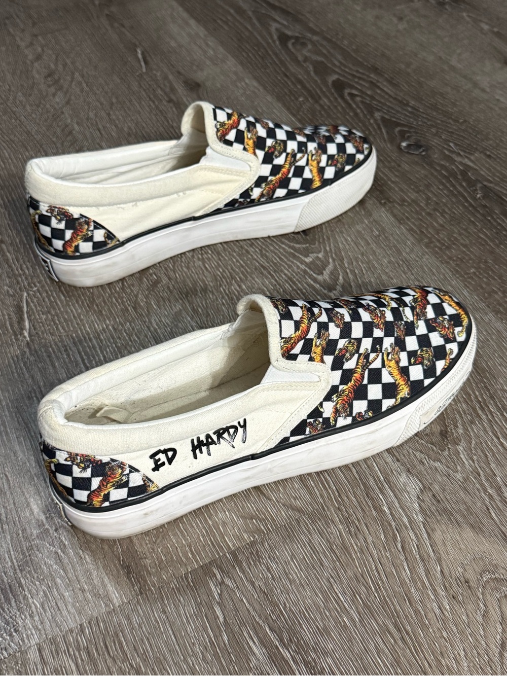 Ed Hardy Black & White Checkerboard Slip-On Sneakers with Tiger Print